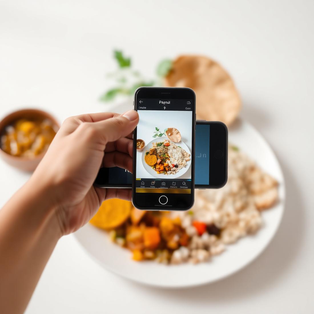 A smartphone analyzing a plate of Indian homemade food